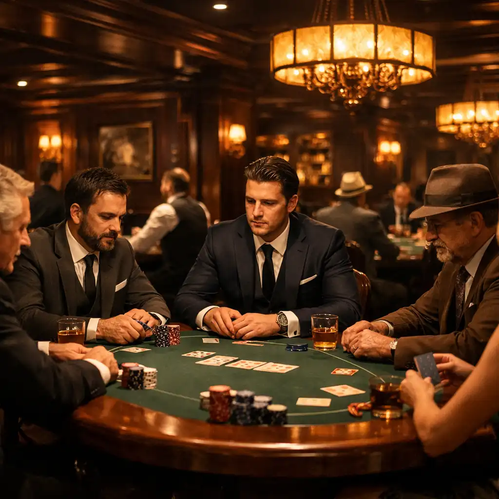 Interiér card roomu s pokerovými stoly a tlumeným osvětlením