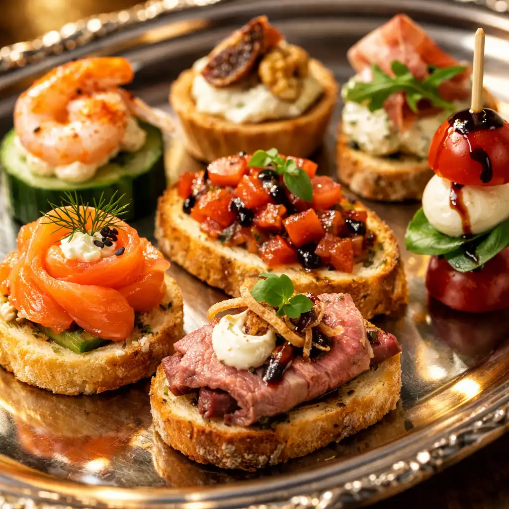 Výběr canapés na elegantním podnose s čerstvými surovinami