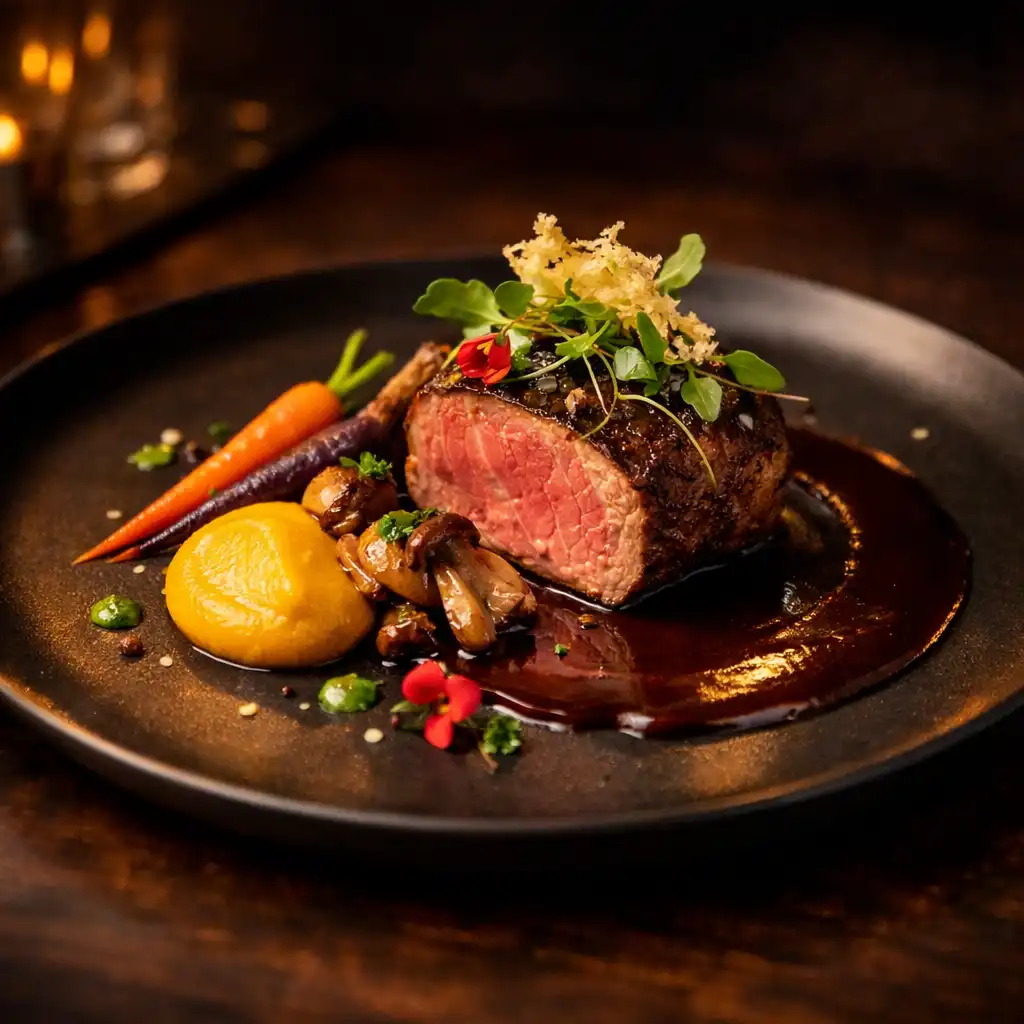 Elegantně naservírovaný gurmánský pokrm v teplém osvětlení restaurace Talirastul