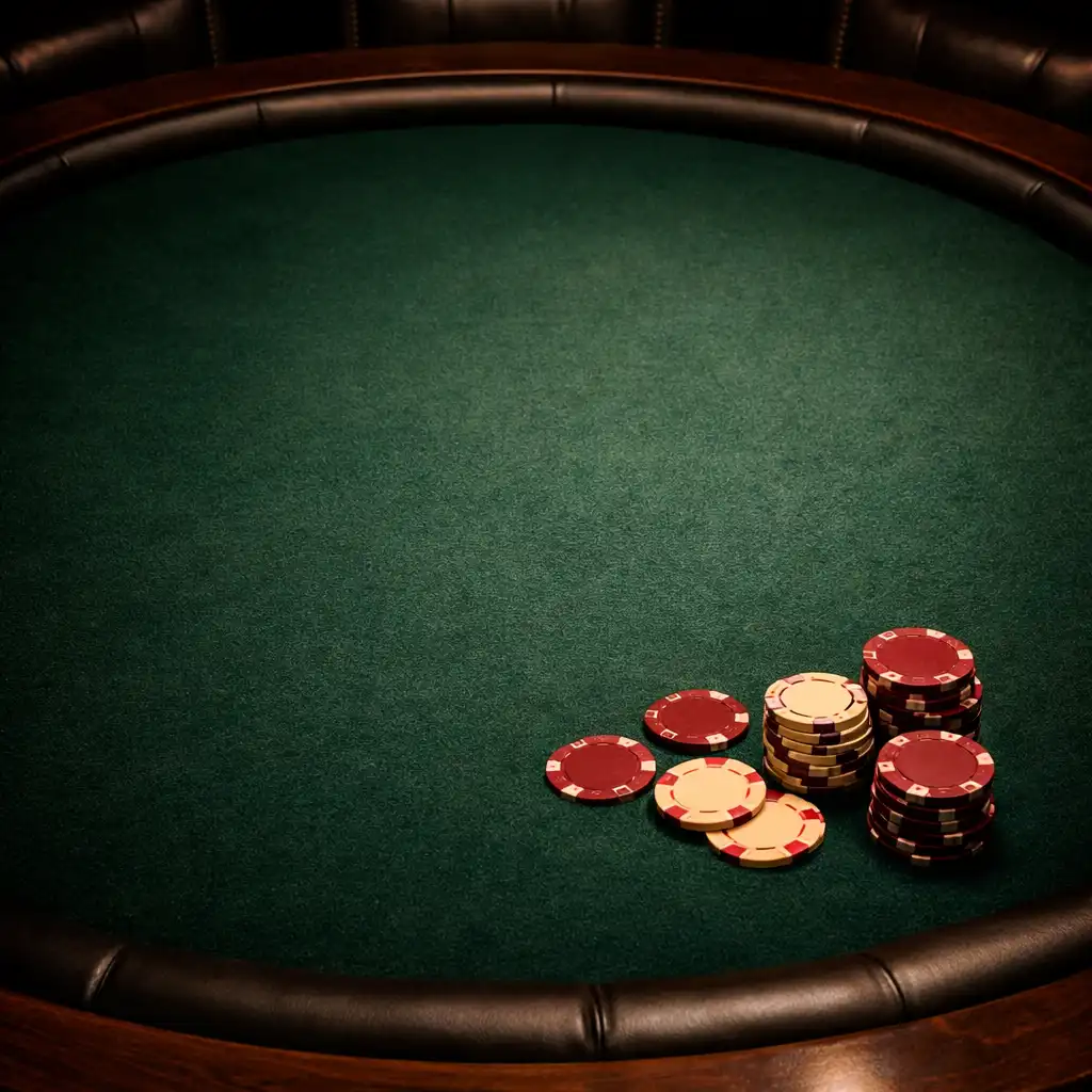 Pohled na luxusní pokerový stůl v tlumeně osvětleném card roomu Talirastul