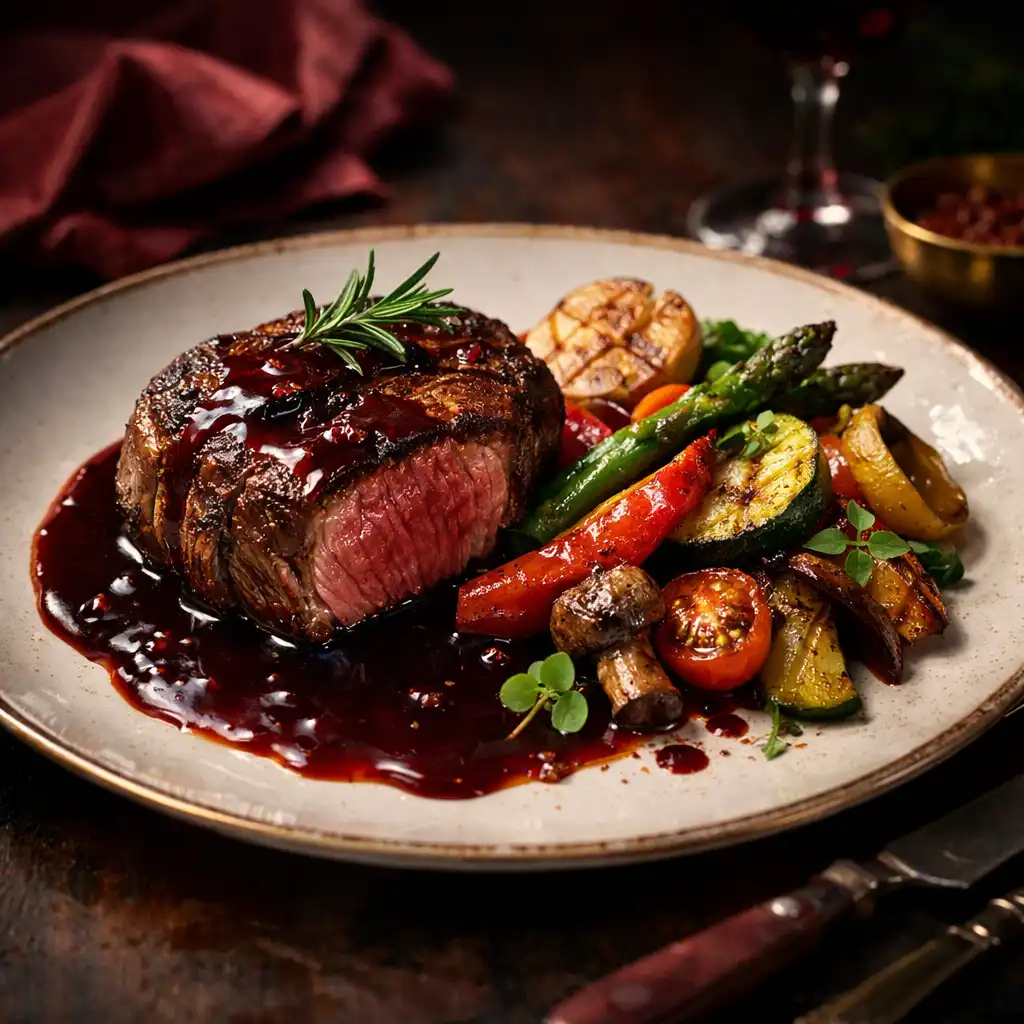 Gurmánský hlavní chod – steak s omáčkou a grilovanou zeleninou na elegantním talíři
