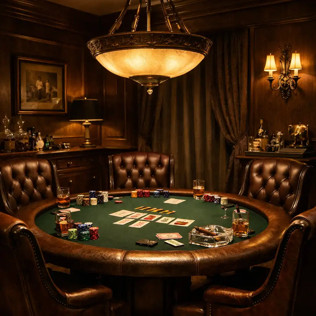 Soukromý pokerový salonek s jedním stolem a intimním osvětlením