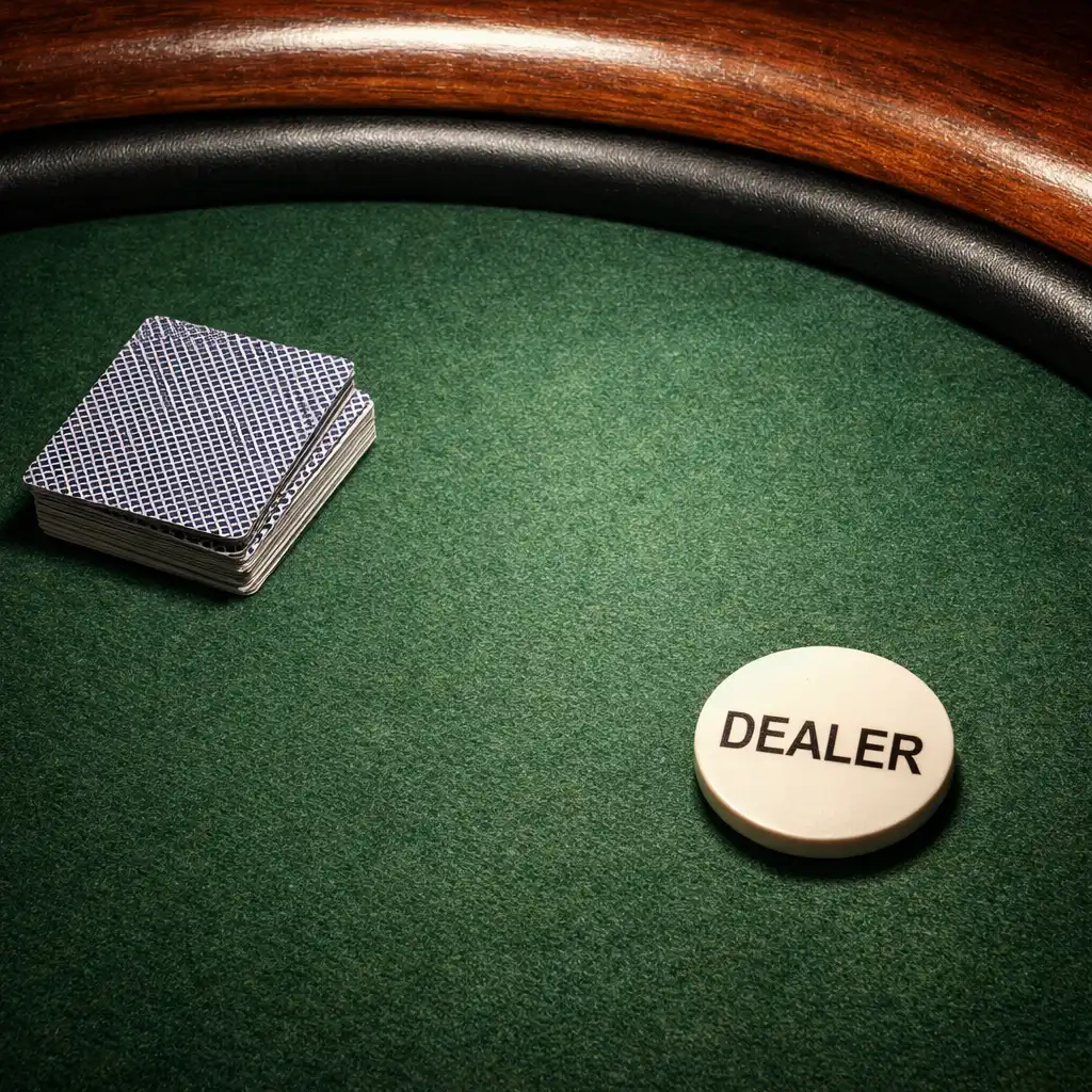 Pohled shora na detail pokerového stolu s plstěným povrchem, dřevěným okrajem a kartami lícem dolů