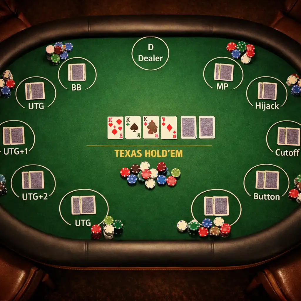 Oválný pokerový stůl pro Texas Hold’em s vyznačenými pozicemi