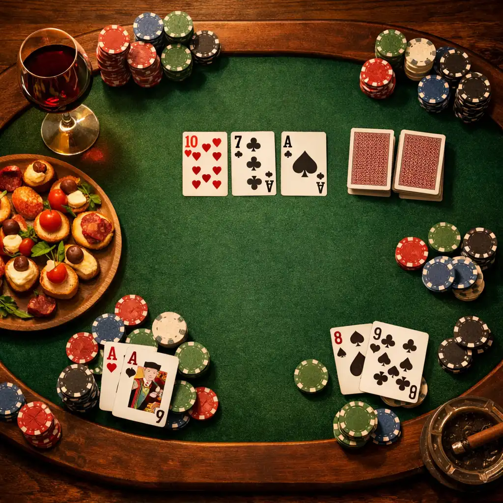Pohled shora na pokerový stůl s žetony, kartami, jednohubkami a sklenkou vína
