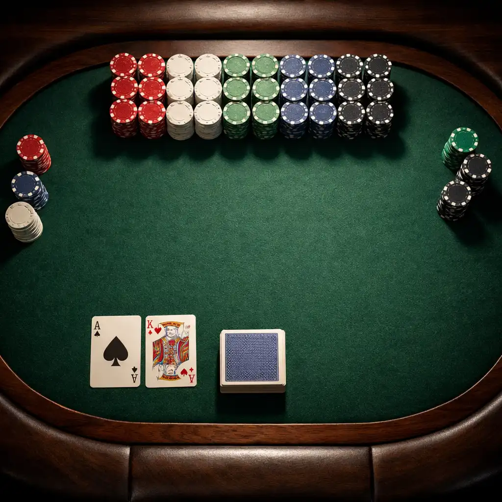 Pohled shora na profesionální pokerový stůl s žetony a kartami v Talirastul