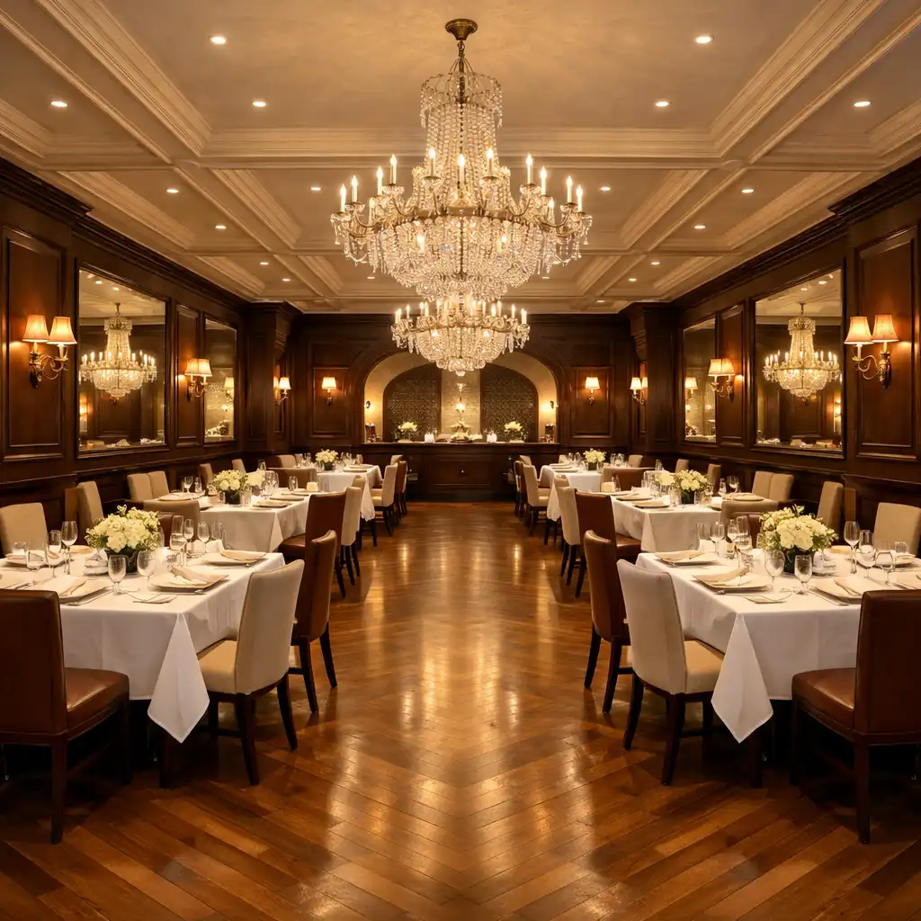Prostorný hlavní sál restaurace s elegantními stoly a křišťálovými lustry