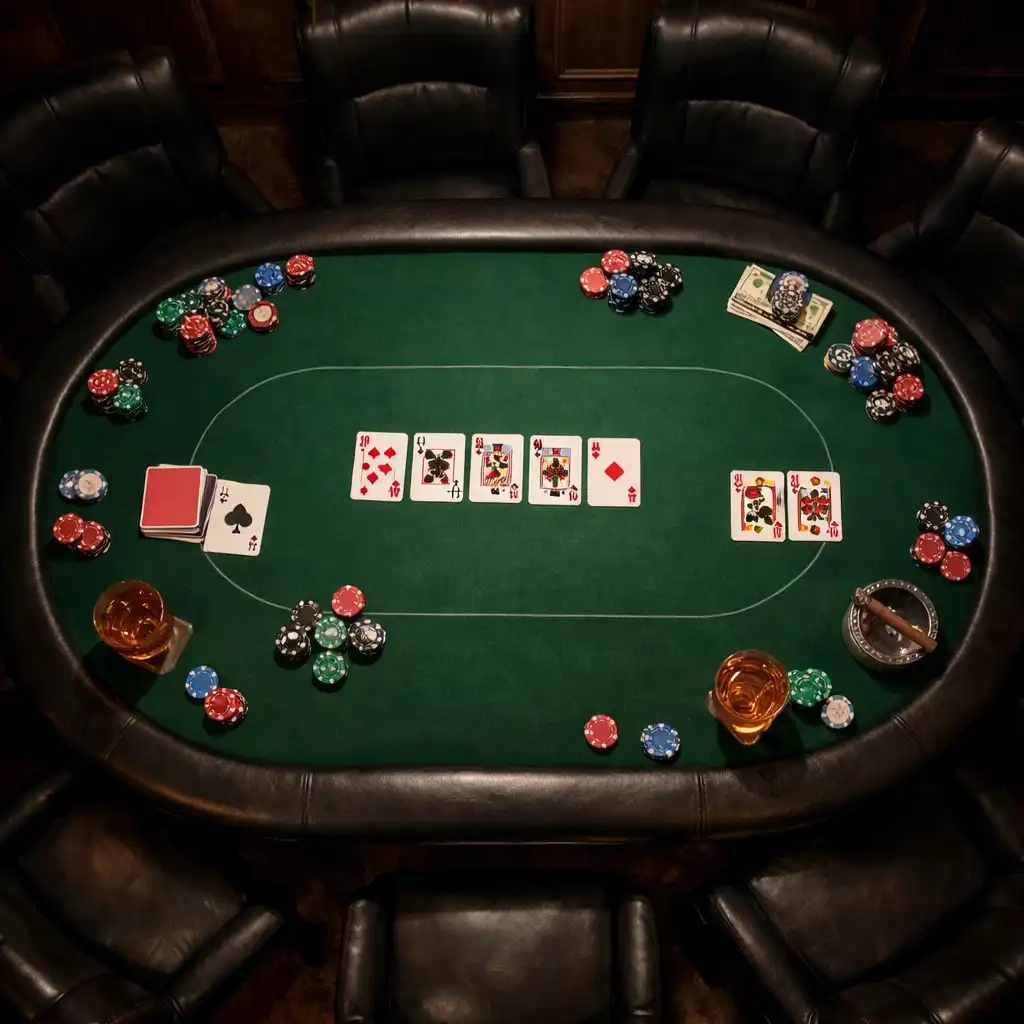 Pokerový salonek s profesionálním pokerovým stolem a zeleným plstěným povrchem