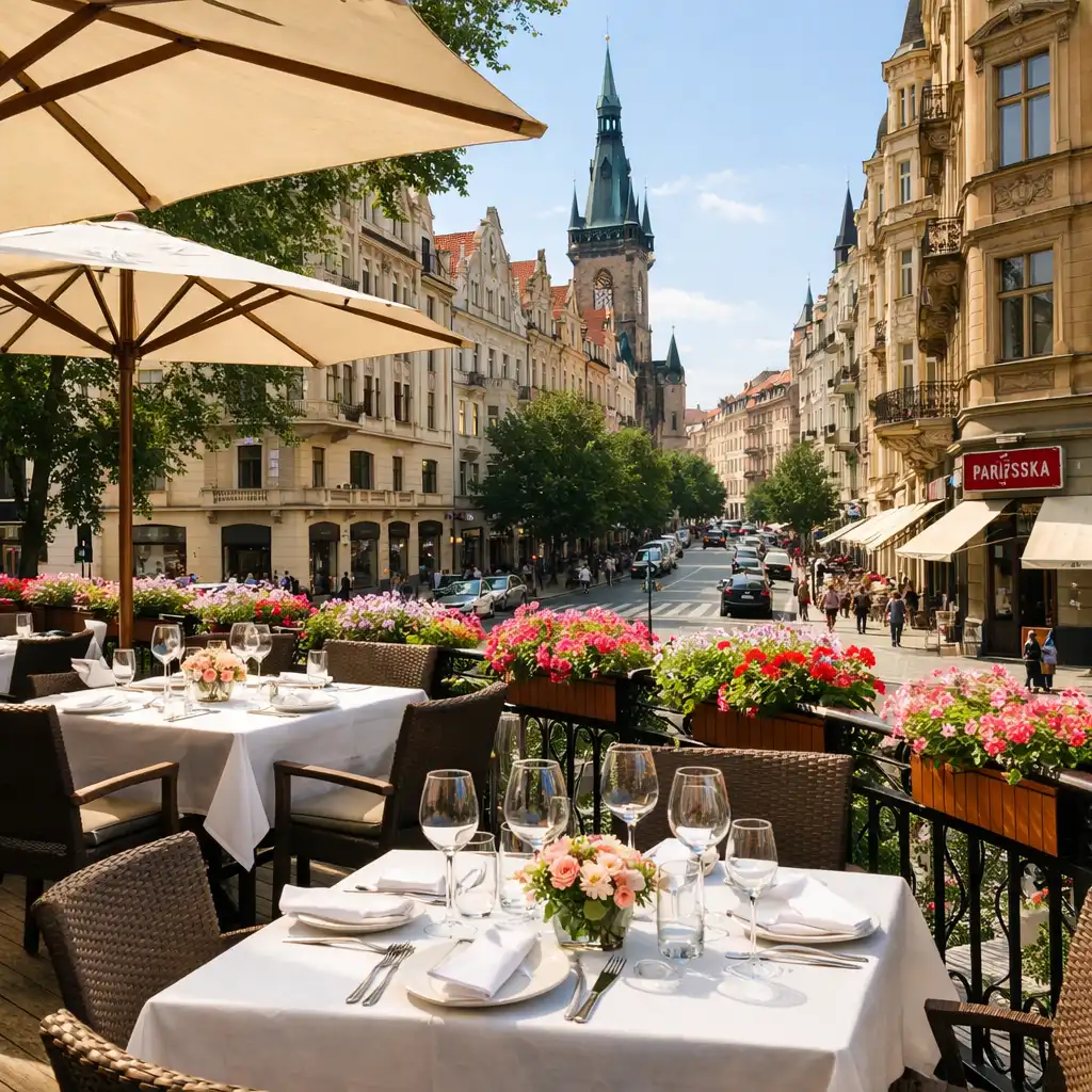 Venkovní terasa restaurace s výhledem na Pařížskou ulici v Praze
