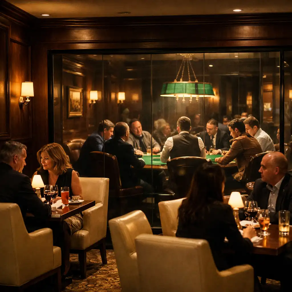 Elegantní restaurační lounge Talirastul s tmavým ořechovým obložením, krémovými koženými židlemi a jemným osvětlením