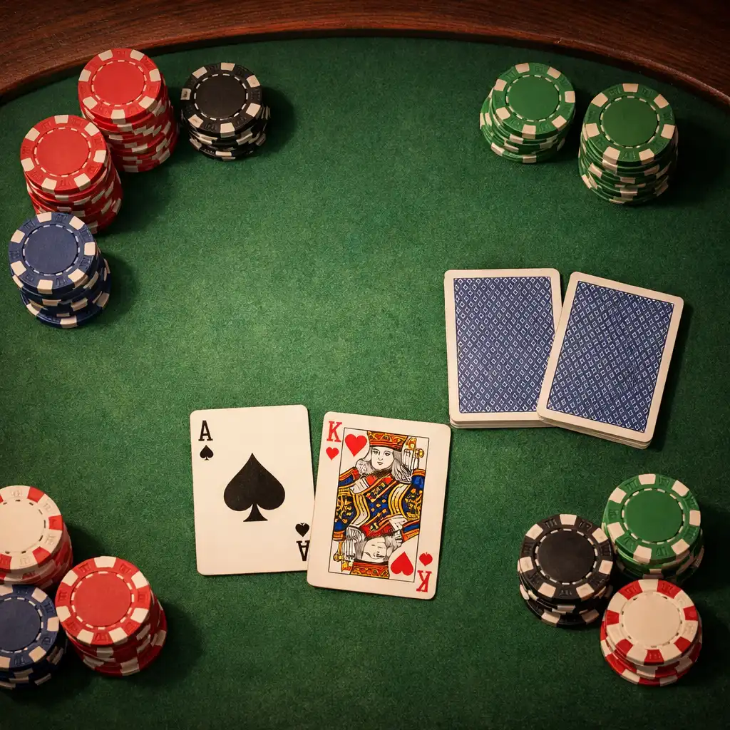 Detailní pohled na pokerový stůl s žetony a kartami, měkké světlo a zelený potah stolu