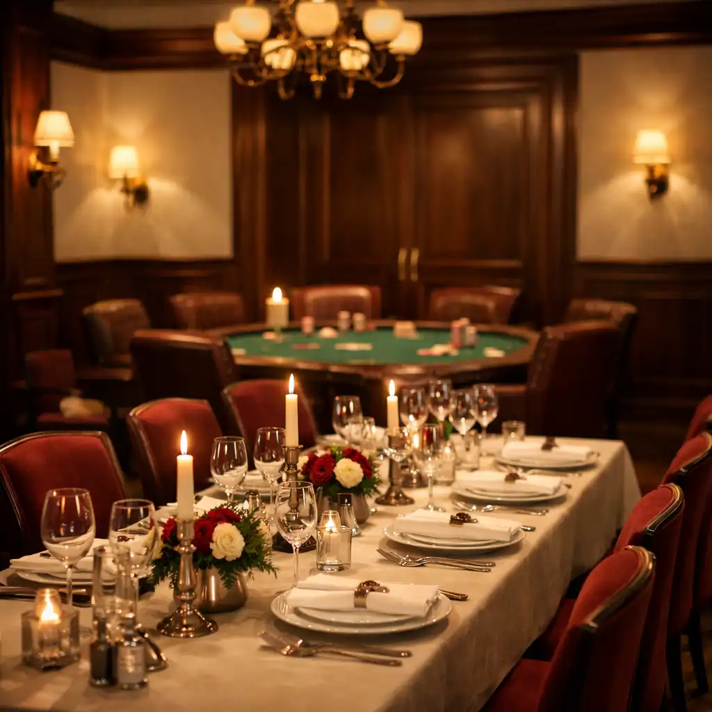 Elegantní interiér restaurace Talirastul s teplým osvětlením, prostřenými stoly a jemným náznakem pokerového stolu v pozadí