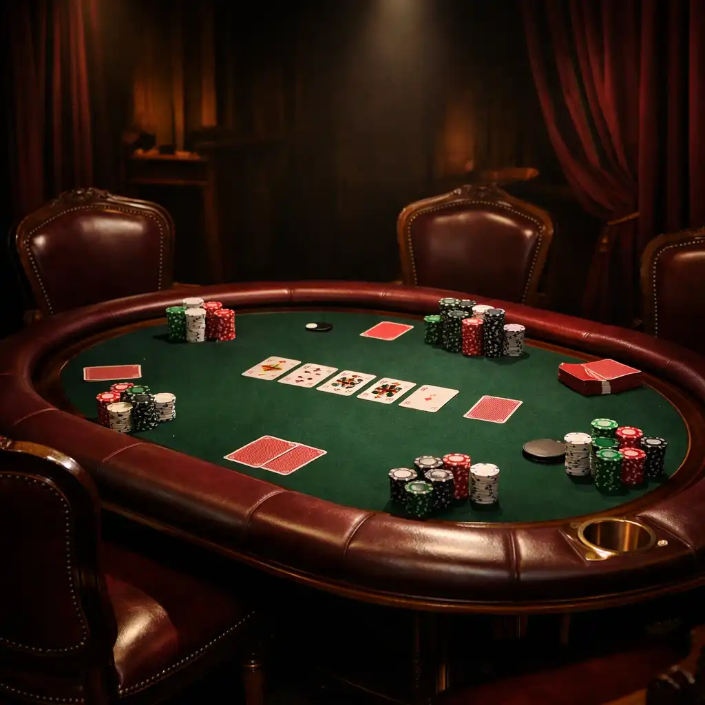 Pokerový večer s elegantním stolem, žetony a kartami, obklopený pohodlnými židlemi v tlumeném světle