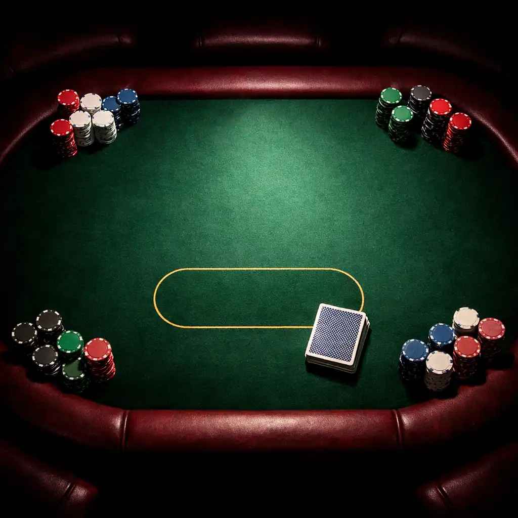 Pohled shora na profesionální pokerový stůl s lesklými žetony a balíčkem karet, dramaticky nasvícený