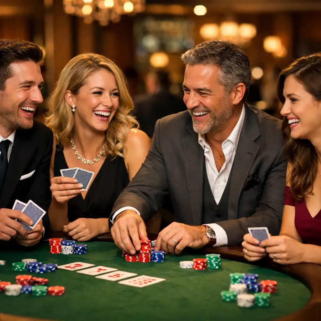Skupina lidí hrajících poker u stolu v přátelské atmosféře, pouze žetony, žádné peníze
