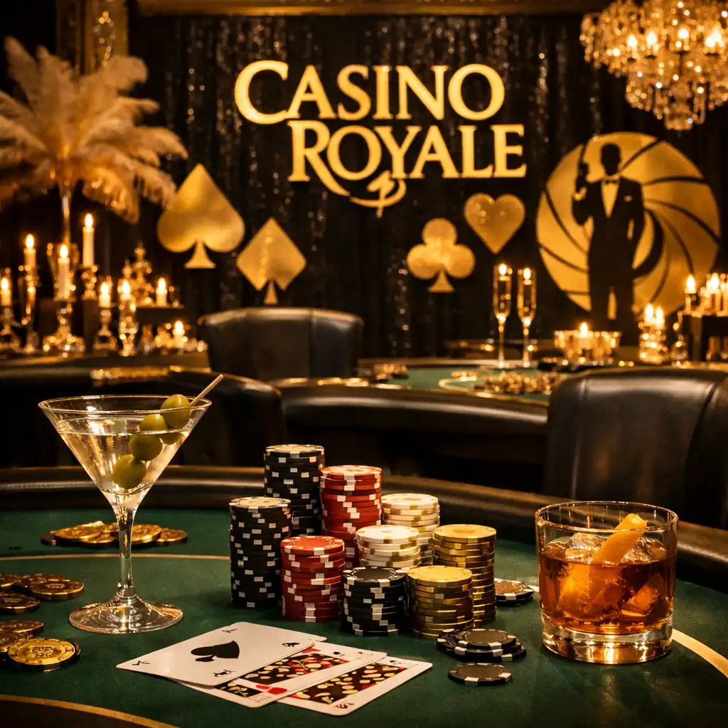 Tematická akce Casino Royale s elegantní dekorací v černé a zlaté