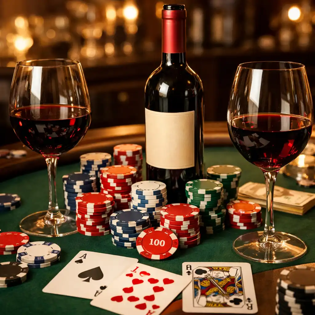 Kombinace pokeru a vína s pokerovým stolem a sklenicemi vína