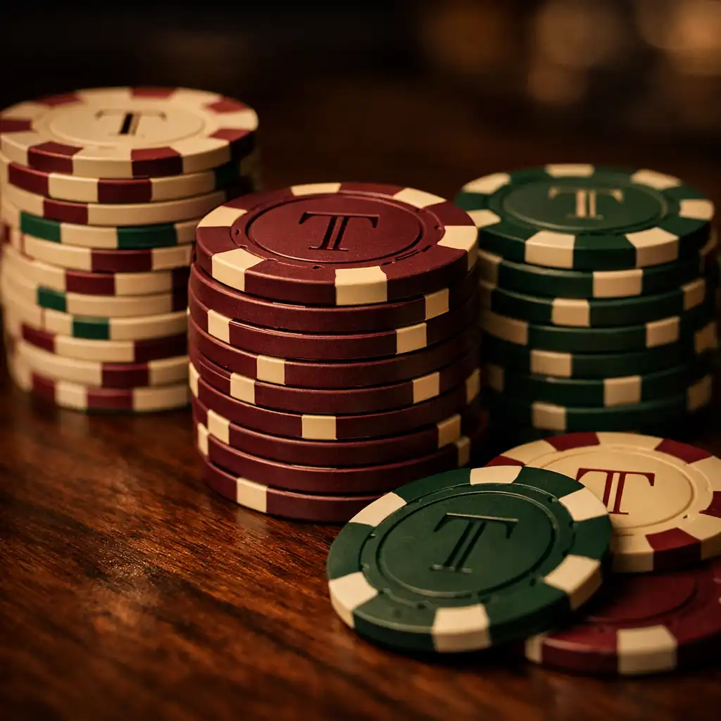Detailní pohled na pokerové žetony v burgundské, krémové a lesní zelené barvě na tmavém ořechovém stole